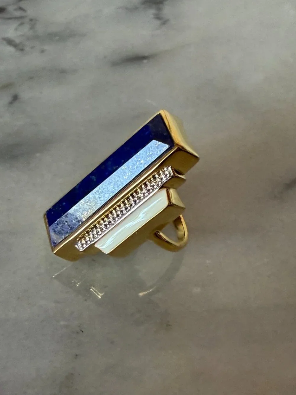NIB WOW Art Deco Lapis & White Topaz Enamel in 18kt Gold Over Sterling - 5 -5.25